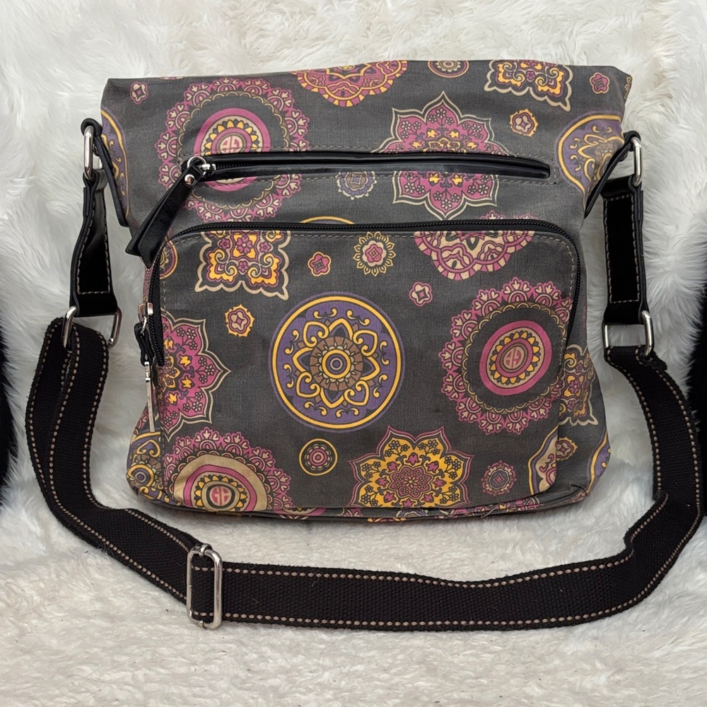 Black/Gray Paisley Crossbody Bag with Fuchsia, Purple & Yellow Accents